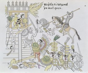 Hernan Cortesin The Burning of the Idols, kuvitus faksimilesta Meksikon intiaanien kuvahistoriasta Lienzo de Tlaxcala n. 1550, 1892 (värikaiverrus) tekijältä Mexican School
