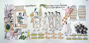 Tlaxcalan päällikkö Maxixcatzin antaa ruusukimppun ja muita lahjoja Hernando Cortesille (1485-1547) tervetulotoivotuksena, havainnollistaen meksikolaisen intiaanien kuvahistorian faksimileistä. tekijältä Mexican School