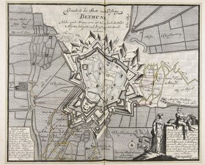 Pohjapiirros Bethunen kaupungista ja linnoituksesta, jota korkeat liittoutuneet piirittivät 14. heinäkuuta 1710 alkaen. Iul. korkeiden all¨yrten toimesta ja valloitettiin 30. elokuuta. Aug. kanssa Accord valloitettu / Engineer Meyer ad vivum delineavit. tekijältä Meyer
