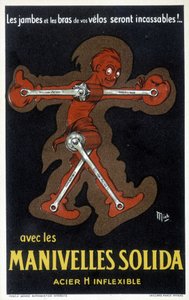 Kiinteästä teräksestä valmistettujen Velo-kampien mainos. Piirustus Mich (Michel Liebeaux