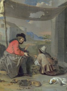 Kaksi hahmoa istuu koiran kanssa (öljyä aluksella) tekijältä Michael (attr. to) Sweerts
