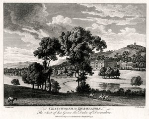 Chatsworth Derbyshiressä, hänen armonsa Devonshiren herttuan kotipaikka, 1775 tekijältä Michael Angelo Rooker