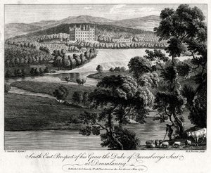 Kaakkoisnäkymä hänen Grace, Queensberrysin herttuan istuimelle Drumlanrigissa, Skotlannissa, 1775 tekijältä Michael Angelo Rooker