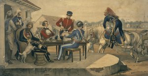 Kahvijuhla sotilasasemalla Intiassa, n. 1850 (värillinen kaiverrus)