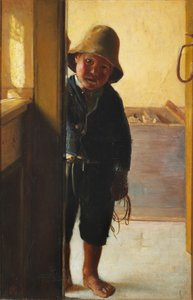 Kalastajan poika katsoo oviaukosta. tekijältä Michael Peter Ancher