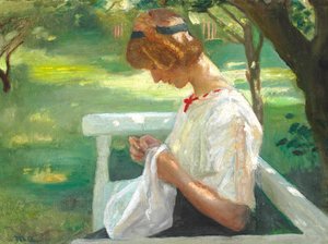 Ella Saxild ompelee puutarhassa kesäpäivänä. tekijältä Michael Peter Ancher
