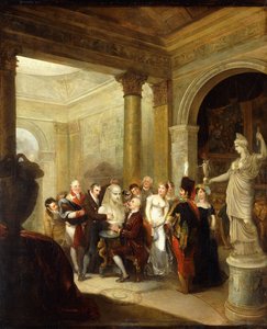 Capriccio-sisustus, jossa ryhmä naisia ja herroja tutkii Antinouksen rintakuvaa, jonka takana oikealla on Hope Athene ja kuvagalleria; vasemmalla kupolimainen salonki, 1811