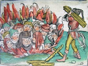 Juutalaisten polttaminen Deggendorfissa vuonna 1338 Schedels Chronicle of the World -kirjasta, 1493.