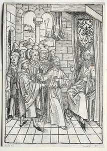 Aarteenvartija: Kristus ennen Kaifaa versoa, 1491. tekijältä Michael Wolgemut