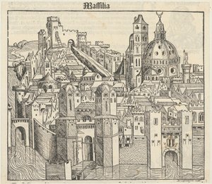 Phantasieansicht der Stadt Marseille [recto], drei Porträts (Phereades, Pythagoras und Sappho) [verso] tekijältä Michael Wolgemut