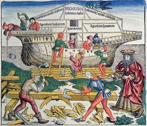 Nooan arkin rakennus, Hartmann Schedelin Nürnbergin kronikasta, 1493 (värillinen puupiirros)
