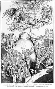 The Reign of Antikristus, Liber Chronicarum, julkaistu vuonna 1493, kuvitus julkaisusta Tiede ja kirjallisuus keskiajalla ja renessanssilla, kirjoittanut ja kaivertanut Paul Lacroix, 1878 (kaiverrus