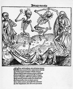 Danse Macabre, kuvitus Hartmann Schedelin (1440-1514) Nürnbergin teoksesta "Liber Chronicarum", julkaistu 1493