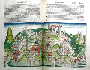 Keisari Tituksen tuhoama kapinallinen Jerusalemin kaupunki Hartmann Schedelin (1440-1514) Nürnbergin kronikasta, joka painettiin vuonna 1493.