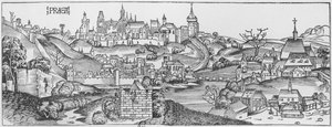Näkymä Prahasta, kuvitus Hartmann Schedelin (1440-1514) "Liber Chronicarum" -kirjasta, joka julkaistiin Nürnbergissä, 1493