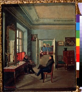 Huoneessa (huoneessa). Kaksi miestä keskustelemassa porvarillisessa sisustuksessa, naiset toisessa huoneessa. Mihail Fjodorovitš Davydovin maalaus (1800-luvun ensimmäinen puolisko). Öljy kankaalle tekijältä Michail Fyodorovich Davydov