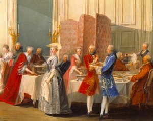 Buffet vieraiden kanssa näytön vieressä. Yksityiskohta "" Le The a l"englantilainen palveli Salon des Quatre-Glacesissa