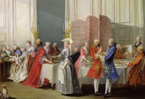 Englantilaista teetä Salon des Quatre Glacesissa Prinssi de Contin talossa (1717-76) Palais du Temple, yksityiskohta vieraista, 1766