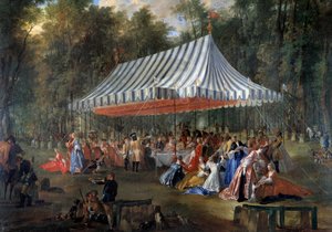 Contin prinssin Louis Francois Joseph de Bourbonin juhlat perinnölliselle prinssille Charles Guillaume Ferdinandille Brunswick Luebourgista (1735-1806) teltan alla Cassanin metsässä Adamin saarella vuonna 1766 Juhla puistossa. Michel Ba:n maalaus