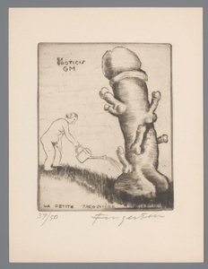 Ex libris Gianni Manterosta Ex eroticis GM (otsikko esineessä) La petite jardinière (otsikko esineessä) tekijältä Michel Fingesten (signed by artist)