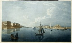 Pörssi ja Marmoripalatsi Pietarissa. Kuvaus Nevan rannoista. Michel Francois Damam Demartraitin (1763-1827) teos, litografia, ympäristö