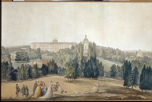 Näkymä Tsarkoye Seloon (Pietari). Keisarinna Katariina II:n (1729-1796) kävelykatu. (Näkymä Tsarkoye Selosta. Keisarinna Katariina II kävelemässä). Michel Francois Damam Demartraitin (1763-1827) teos, kaiverrus ja akvarelli. Ranskalainen taide