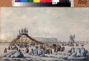 Vuoristorata Neva-vuoristorappi on Neva at Shrovetide. Michel Francois Damam Demartraitin (1763-1827) työ. Akvarelli ja tussi paperille, n. 1810, 33 x 54 cm, ranskalaista taidetta, klassismia. A. Pushkinin muistomerkki M