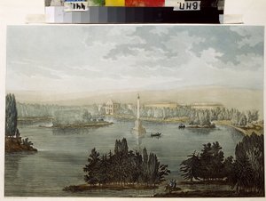 Näkymä Tsarskoje Selolle. Chesme-kolumni. (Näkymä Tsarskoje Selosta. Chesme-pylväs). Michel Francois Damam Damartraitin (1763-1827) teos, akvarellivärinen kaiverrus