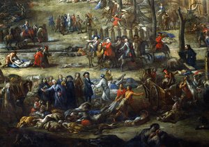 Näkymä Cours Belsuncesta, Marseillesta, vuoden 1720 ruton aikana, yksityiskohta, joka kuvaa Belsuncen kardinaalia ruton uhrien ruumiiden kanssa tekijältä Michel Serre