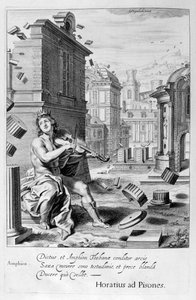 Amphion rakentaa Theban muurit viulunsa musiikilla, 1655 tekijältä Michel de Marolles