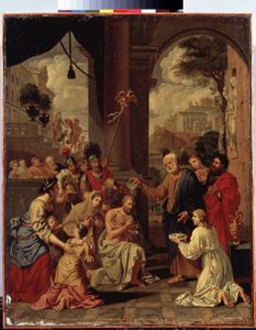 ""Le bapteme du centurion Corneille"" (Kornelius Sadanpäämiehen kaste) Corneille, roomalainen sadanpäämies, on Pietari kastanut. Michel Corneillen (1642-1708) maalaus. 1600-luvun koko 88x70 cm Eremitaaši, Pietari