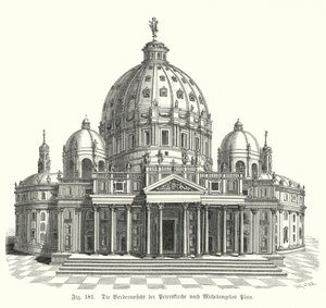 Näkymä Michelangelon suunnitelmasta Pietarinkirkon julkisivulle, Rooma, Italia (kaiverrus)