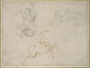 Horsemanin lataus ja muut tutkimukset (kynä ja ruskea muste mustalla liidulla ja sen päällä luonnonvalkoiselle paperille) tekijältä Michelangelo Buonarroti