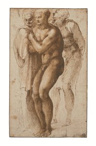 Alaston mies (Masaccion mukaan) ja kaksi hahmoa hänen takanaan (kynä ja kaksi ruskean tussin sävyä, ruskea pesu, vesileima). tekijältä Michelangelo Buonarroti