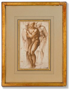 Alaston mies (Masaccion mukaan) ja kaksi hahmoa hänen takanaan (kynä ja kaksi ruskean tussin sävyä, ruskea pesu, vesileima). tekijältä Michelangelo Buonarroti