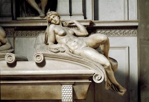 Auroran allegoria. Mediciksen Laurent II:n hauta. Marmoriveistos 1531 tekijältä Michelangelo Buonarroti