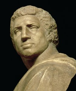 Brutus, Michelangelo Buonarrottin 1475-1564 tekemän rintakuvan pään yksityiskohta, n.1539-40, marmorikuosi 79848:sta.