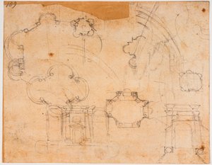 Sforzan kappelin rakennussuunnitelmat, korkeusnäkymät ja kupolin luonnokset. tekijältä Michelangelo Buonarroti