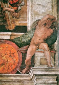 Yksityiskohta Sikstuksen kappelin katosta Vatikaanissa, 1508-1512. tekijältä Michelangelo Buonarroti