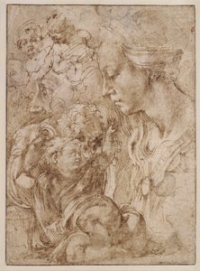 "Opiskelua pyhälle perheelle, jossa Johannes Kastaja lapsena" (Opiskelua pyhälle perheelle, jossa Johannes Kastaja lapsena) Piirustus Michelangelo Buonarroti (1475-1564) - 1505 - Kynä, sivellin, intialainen muste paperille Dim 28, 7x20 .9 cm Staatliche Mus tekijältä Michelangelo Buonarroti