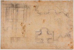 Sforzan kappelin pohjapiirros ja arkkitehtoniset korkeusasemat tekijältä Michelangelo Buonarroti