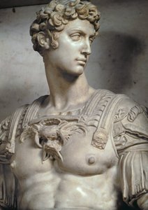 Giuliano de Medici, Nemoursin herttua 1479-1516, Michelangelo Buonarrottin 1475-1564 tekemän haudan hahmon yksityiskohta, 1533, marmorinen yksityiskohta, 85089 & 52674.