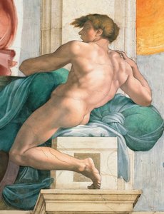 Ignudo Sikstuksen kappelin katto Vatikaanissa, 1508-1512. tekijältä Michelangelo Buonarroti