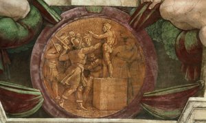 Medaljonki edustaa Baalin jumalapatsaan tuhoa..., 1508-1512. tekijältä Michelangelo Buonarroti