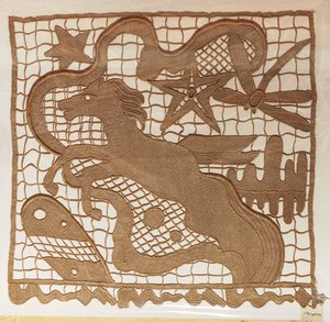Näyte neulapitsistä ja verhojen sisäosista, kuvioita piirretty taiteilija Giulio Rosson työstä, Michelangelo Jesurum Manufacture tekijältä Michelangelo Buonarroti