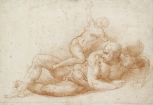Simson ja Delila (punainen liitu luonnonvalkoiselle paperille). tekijältä Michelangelo Buonarroti