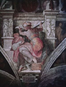 Sikstuksen kappelin katto: Libyan Sibyl, n. 1508-1010 (ennen restaurointia) tekijältä Michelangelo Buonarroti
