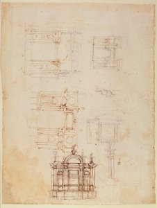 Tutkimuksia arkkitehtonisesta kompositiosta riemukaarin muodossa, n. 1516 (musta liitu kynällä ja ruskea muste paperille) (recto) (vero katso 191776) tekijältä Michelangelo Buonarroti