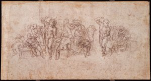 Selostuskohtauksen hahmojen tutkimus (musta liitu paperille) (suora) (ks. versio 191764) tekijältä Michelangelo Buonarroti