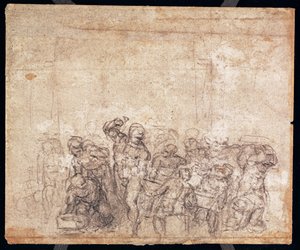 Selostuskohtauksen hahmojen tutkimus (musta liitu paperille) (käänteinen) (katso suoraan 191777) (katso myös 191767) tekijältä Michelangelo Buonarroti